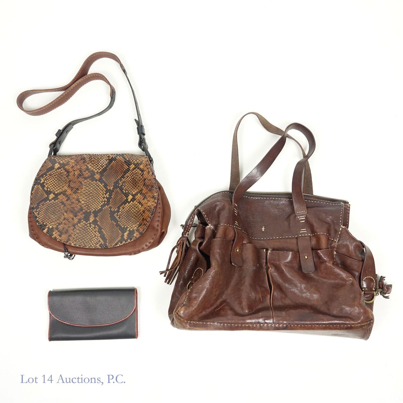 Three High-End Handbags (Beguelin, Bottega Venetta): Three designer purses of varying styles and conditions. The first is a Henry Beguelin brown leather tote bag. Some scuffs, especially on the inside, but mostly good condition. The second is an almost