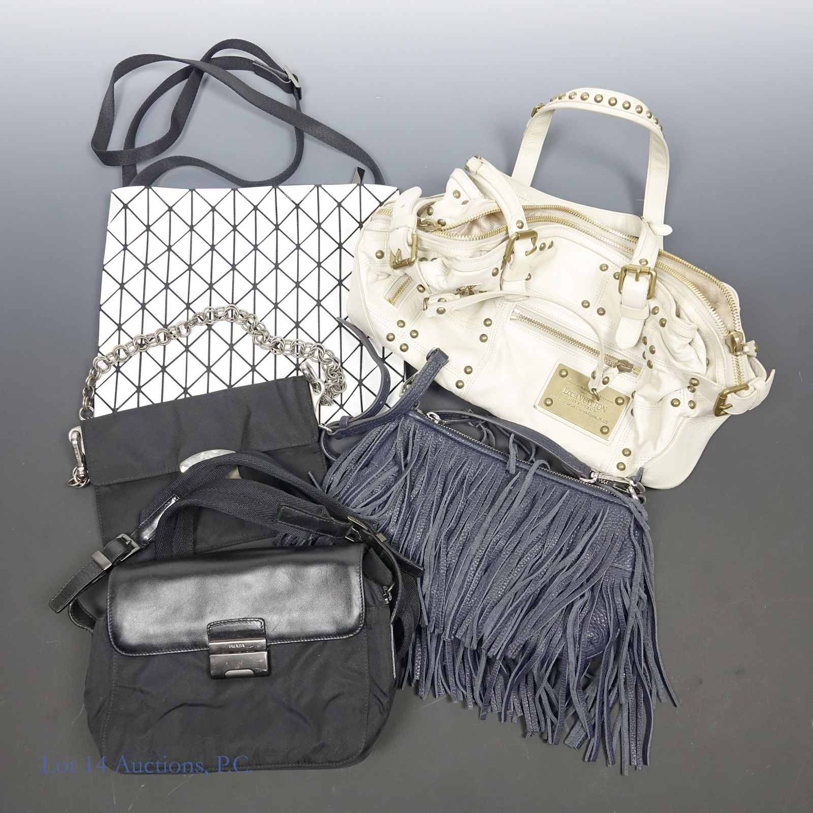 Designer Handbags (I. Miyake BaoBao, Prada, Vuitton, etc) 5: Five designer purses from different brands. The first is a brand new BaoBao Issey Miyake shoulder bag. The second and third are very lightly used Prada purses. The fourth is a lightly used white Louis