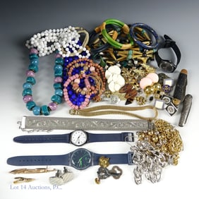 Fashion / Costume Jewelry, Brooks Xmas Tree Brooch & Swatch Watches Lot - 3 Pounds