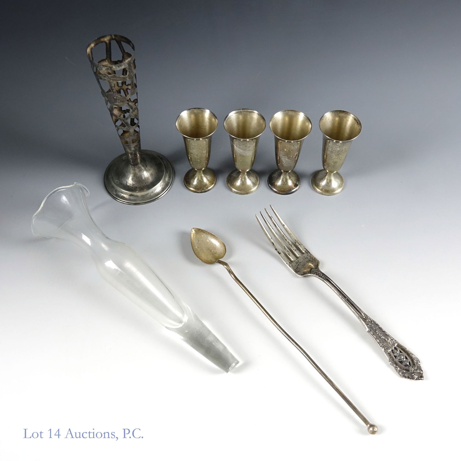 Sterling Silver Hollowware Trumpet Vase, Cordials: Assorted mix of sterling silver pieces. Four are vintage Gorham Sterling cordial cups, each 2.75" tall. One is a Wallace Sterling fork and one is a Wallace Sterling cocktail spoon/straw. Lastly is a t