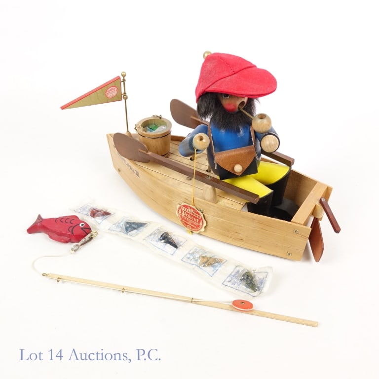 Steinbach Fisherman Smoker and Music Box: Vintage Steinbeck Fisherman and Boat incense smoker and music box. Music box works. One of the boat's oars has come off the boat, but could easily be repaired. Original hang tag included. Height witho