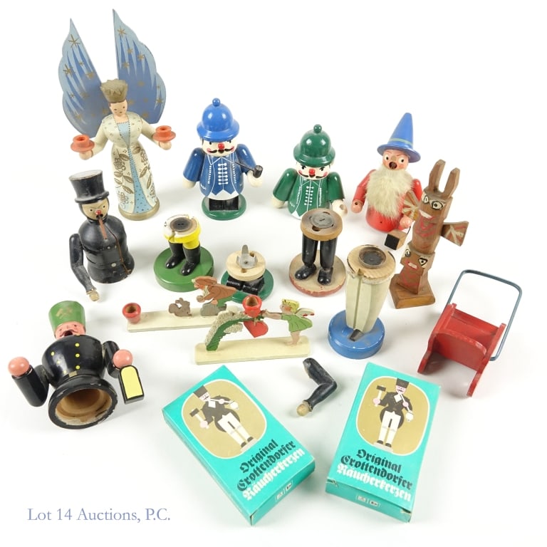 Vintage German Incense Smokers: Eight vintage handmade Rauchermen, or wooden incense smokers, from the Erzgebirge region of Germany. In varying conditions -- some are missing pieces, some are broken or cracked, some are dusty but ot