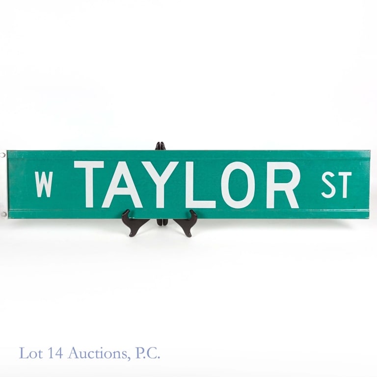 W Taylor St Chicago Street Sign: Green "W Taylor St" Chicago street sign with the original mounting bracket. Some scratches but very good condition overall. Approximately 37.5" x 6.75". See photos for details.