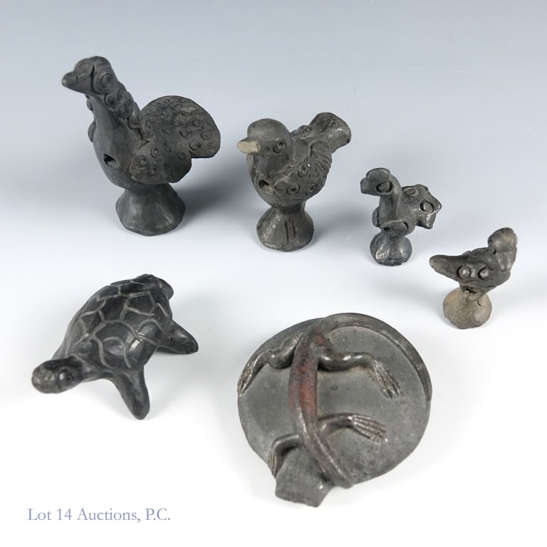 Mexican Black Clay Whistles: Six pieces of vintage Barro Negro (Black Clay) pottery from Mexico in various sizes, shaped like various animals. All function as whistles. Two are 2" tall birds, one is a 2.75" tall bird, one is 3.75