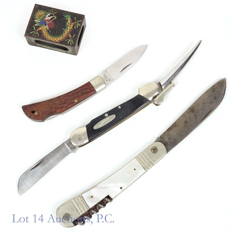 Pocket Folding Knives, Cloisonne Matchbox Holder: Three (3) folding pocket knives - black sailors knife with Buck 315 USA engraving on the blade, 4" long closed, 10.5" long open; Brown folding knife with Case XX engraving on the blade, approximately