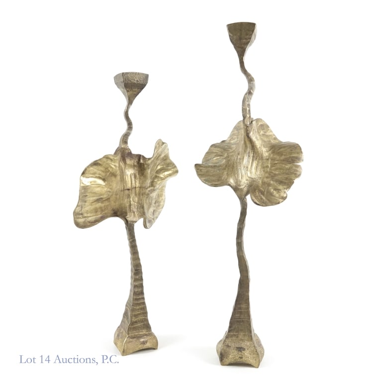 Vintage Brass Brubaker Candlesticks (2): Two large Brubaker candlesticks. One is signed "Brubaker 93" on the underside, and the other is signed "JB 94" on the underside. One is 23.75" tall, and the other is 20.5" tall. Both could use some cl