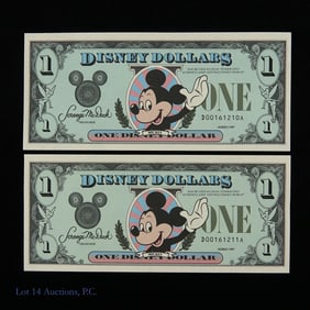 1987 Mickey Mouse Disney $1 w/ Seq. S/Ns (2)