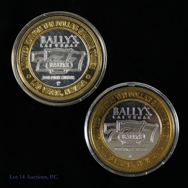 USA 99% Silver Las Vegas NV $10 Gaming Tokens (2): Two (2) United States limited edition silver Bally's Las Vegas NV gaming tokens. Metal is 99.9% silver with estimated actual silver weight of 0.61 troy ounces each token. Details as follows: ---$10 "1