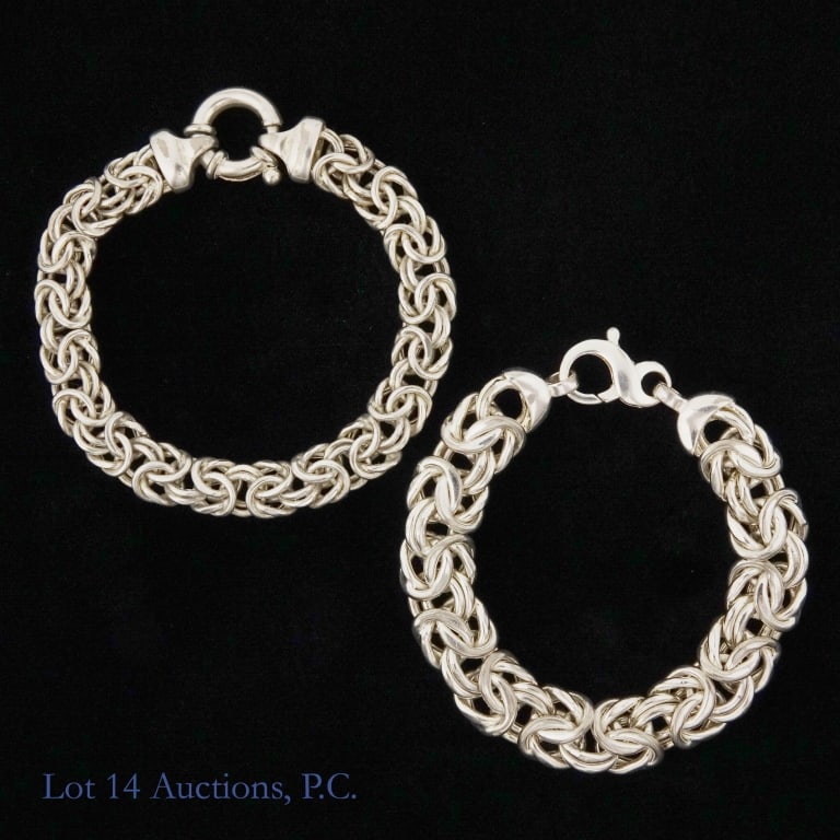 925 Sterling Silver Milor Byzantine Bracelets (2): Two (2) sterling silver Byzantine mesh-style bracelets by Milor of Italy . Marked "925". Lengths are 7.5" and 7.25". Weights: 24.45 grams and 31.8 grams.