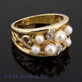 14K Y Gold Diamond & Pearl Ring, Size 7.5