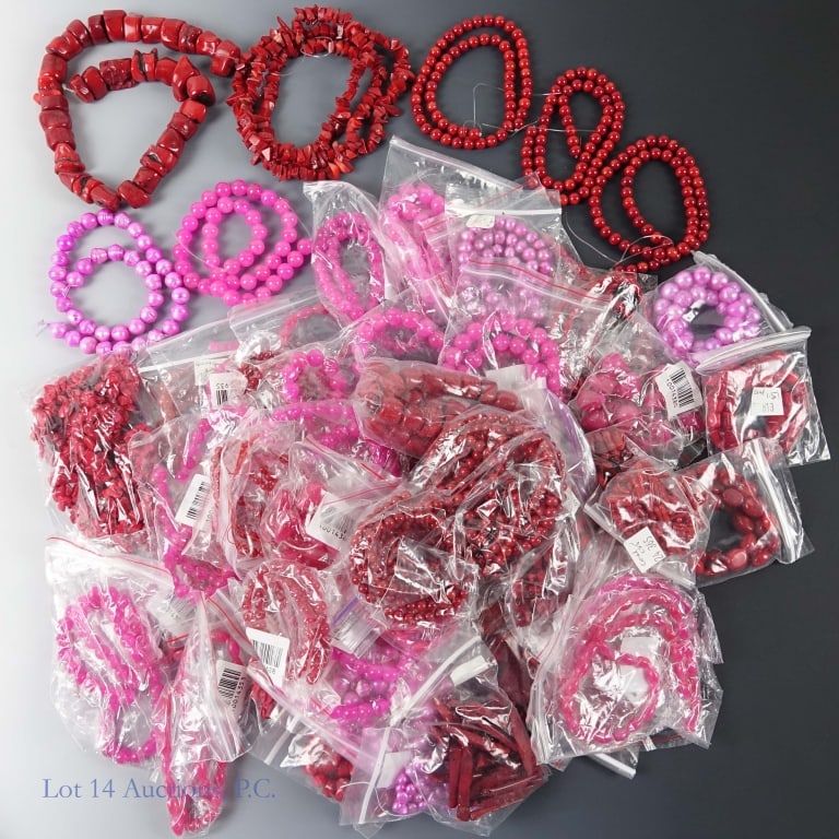 Fashion Jewelry Lot, Mixed Stone Beads (53): 53 pieces Fashion Jewelry, all made from different semiprecious stones cut into beads, all in different shades of red and pink. Most are on strings forming necklaces or bracelets. Together, lot weighs