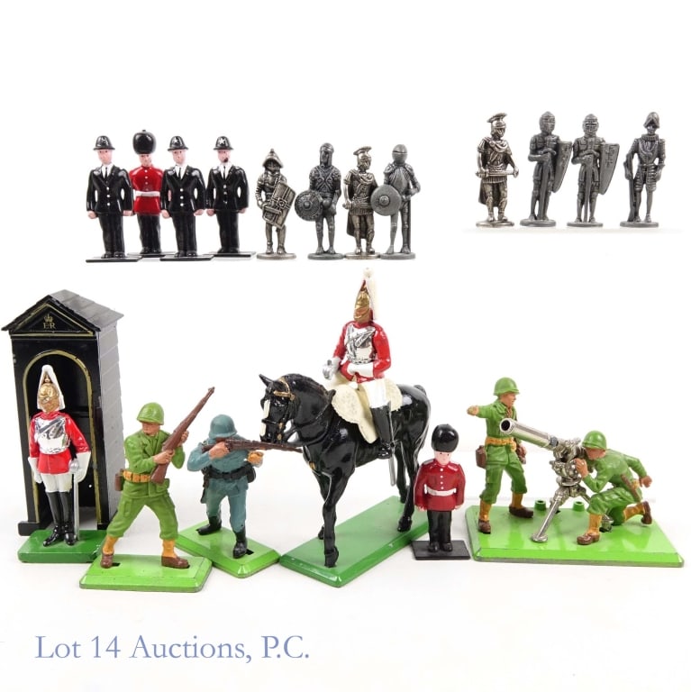 Toy Soldiers Britains & More Metal, Lead Soldiers: Two (2) die cast W Britain British Life Guards, one of them on a horse; Four (4) Britains Deetail WII soldiers on die cast bases, One (1) Britains die cast Sentry Box; Three (3) plastic police officer