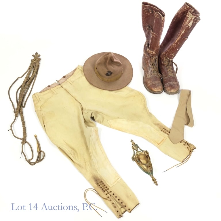 1940s Army Mounted Svc Boots, Marines Hat, More: US Marine Corps WWII campaign hat, WWII enlisted wool tie, vintage riding jodhpurs, US Army 1940s Mounted Service boots, braided split reins, novelty officer's spur door knocker. See photos for detail