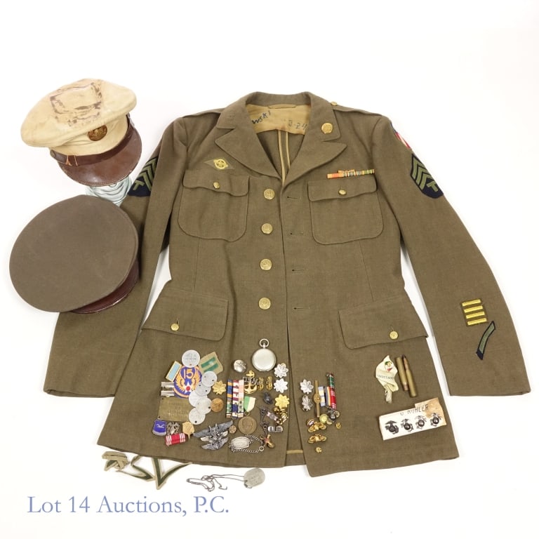 WWII Era US Army Air Corps Uniform, Hats, More: WWII era US Army Air Corps officer's uniform jacket, US Army Air Force WWII era enlisted man's visor cap, US Army WWII man's enlisted khaki visor cap, and a box of various military badges, pins, patch
