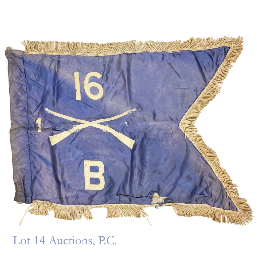 Pre WWII U.S. Army Guidon (1/16/B Inf Reg): Per consigner, a pre World War II swallowtail guidon company flag for the U.S. Army 1st battalion / 16th Infantry Regiment / B Company. Measures approximately 25" x 17.75". Some fringe is missing and 