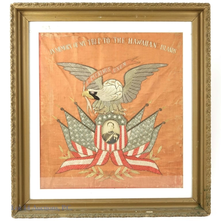 Great White Fleet Silk w/ Photo U.S. Army C. 1900: Circa 1900 U.S. Army Great White Fleet Silk. Likely Philippines. Silk needlework commemorating a U.S. Army Soldier's trip to the Hawaiian Islands. In the center is a vintage photograph. Frame in fair 