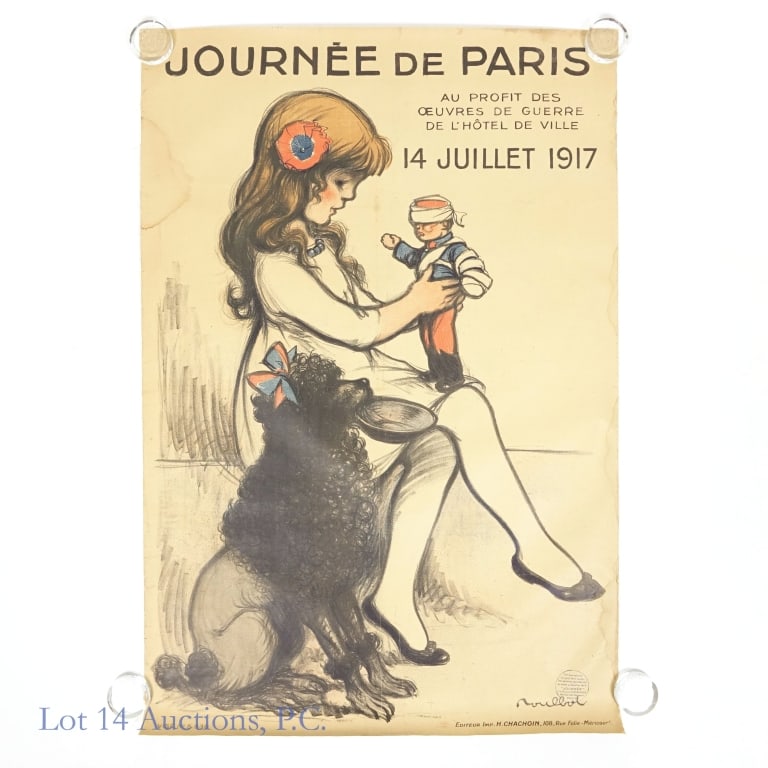 World War I French Propaganda Poster: Original French propaganda poster dated 1917, titled "Journee de Paris", designed by Francisque Poulbot, raising money for war relief funds. It depicts a little girl with a bandaged soldier doll along