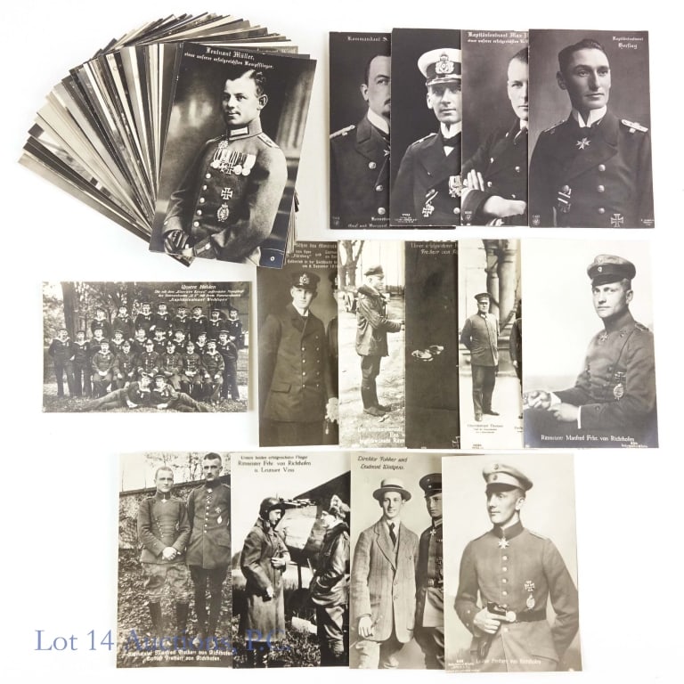 WWI German Pilot Photo Postcards (Richthofen): Sixty-six (66) World War I era black & white photo postcards featuring German military pilots from World War I. Most cards are approximately 3-3/8" x 5-3/8", though there are some variations. Various 