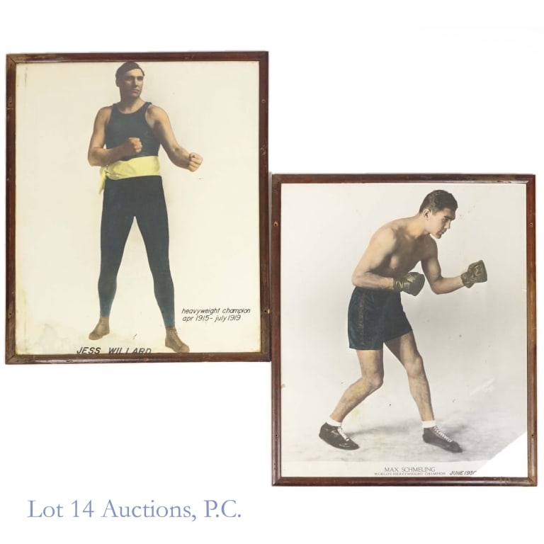 Max Schmeling & Jess Willard Vintage Color Posters: Vintage framed color boxer posters - Max Schmeling World's Heavyweight Champion June 1930 - June 1932, and Jess Willard Heavyweight Champion April 1915 - July 1919. Each measures approximately 25" x 2