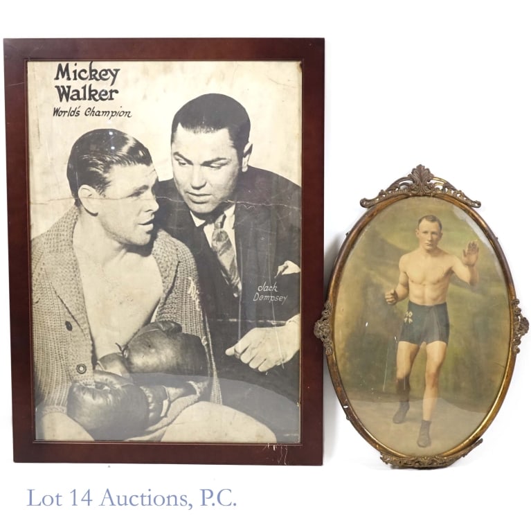 Framed Vintage Boxing Posters M. Walker J. Dempsey: Framed vintage poster depicting World's Boxing Champion Mickey Walker sitting with the gloves on covered with sweater talking to Jack Dempsey who is standing next to him wearing a suit. Measures appro