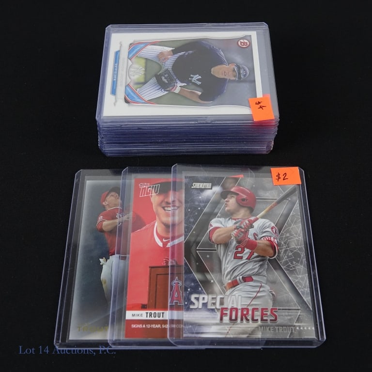 Mike Trout & Aaron Judge Cards (20): A total of 20 cards featuring either Mike Trout or Aaron Judge. There are 10 cards of Mike Trout and 10 cards of Aaron Judge. All 20 cards appear to be in above average condition with little to no edg