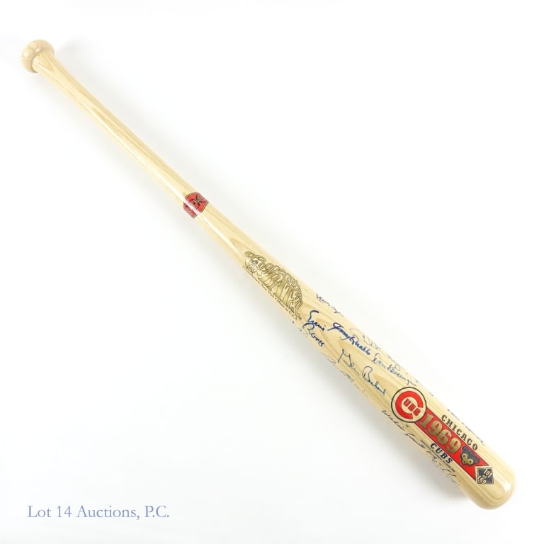 Ltd Ed 1969 Chicago Cubs Signed Bat (Schwartz) **: Cooperstown Bat Co. special limited edition 1969 Chicago Cubs baseball bat. Numbered 101 / 169. Dated 2000. 19 Signatures (4 HOFers): Ernie Banks, Glenn Beckert, Bill Hands, Jim Hickman, Ken Holtzman,