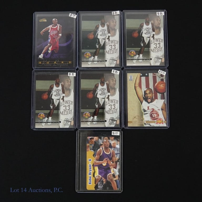 6 Kobe Bryant Rookie Cards: All seven cards are from 1996. You will find one Score Board #185, four Score Board #13 cards, and one Score Board #15. There is also a Frontier phone card featuring Kobe Bryant.