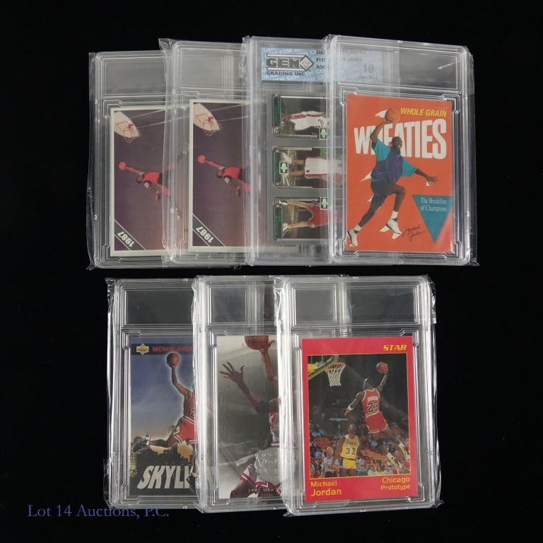 7 Michael Jordan Ungraded Slabbed Cards: Seven (7) Michael Jordan cards that have been slabbed but not graded plus one card that has been graded by GEM. The GEM card is a 2003-04 Topps Matrix #111 of LeBron James. GEM has graded this card as