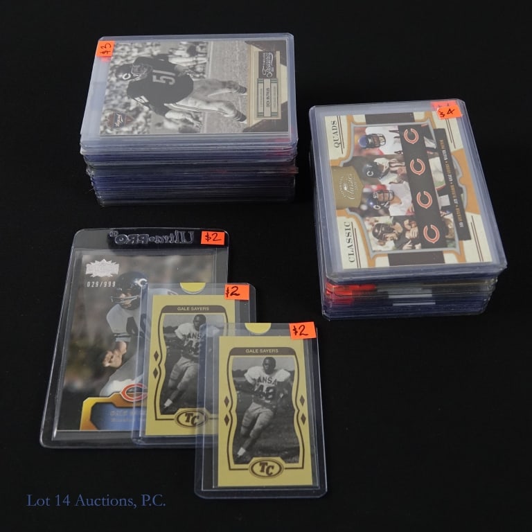 Gale Sayers & Dick Butkus Cards (46): Nice group of 46 football cards featuring two Chicago Bears HOF members - Gale Sayers and Dick Butkus. The cards come from a variety of different makers and all appear to be in above average condition