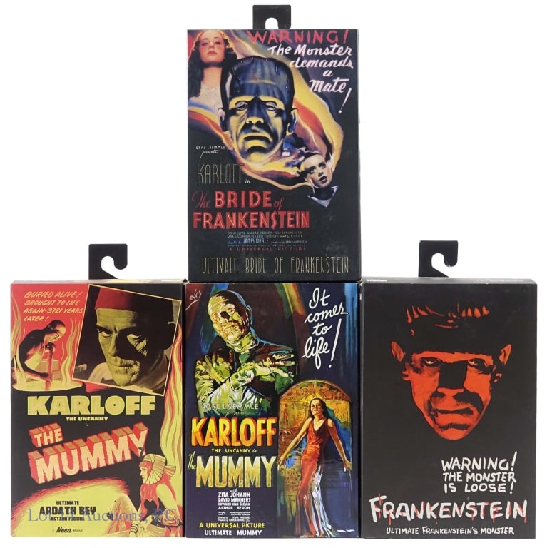 NECA Universal Monsters, The Mummy, Frankenstein: Four (4) NECA Universal Monsters figures - The Mummy (2 different figures), Frankenstein and The Bride Of Frankenstein. In sealed original boxes.