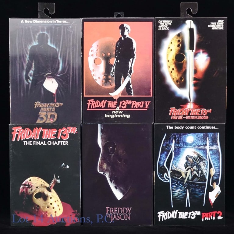 NECA Friday The 13th Figures NIB (6): Six (6) NECA Friday The 13th figures, each approximately 7.5" tall, in original boxes - Friday The 13th Part 2, Friday The 13th Part 3 3D, Friday The 13th Part V A New Beginning, Friday The 13th Part
