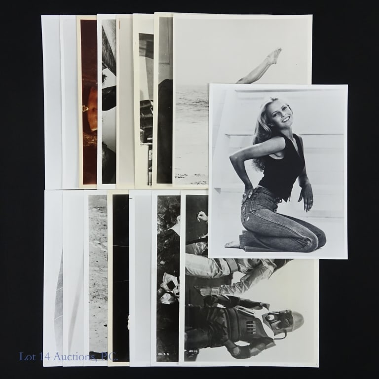 Vintage Movie Stills Publicity Photographs (16): Sixteen (16) vintage movie stills and publicity photographs including Raquel Welch, Roger Moore, Cheryl Ladd, Ian Fleming, Sean Connery, Caroline Munro, Jane Fonda and more.