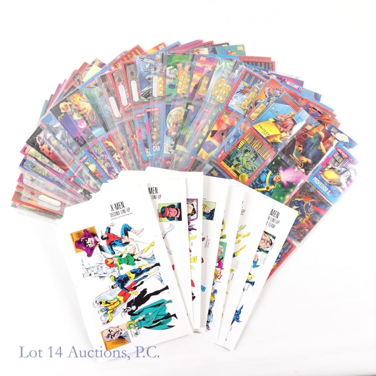 Marvel Trading Cards in Sleeves (+200): Marvel Trading Cards in Sleeves (+200). Collection of Marvel trading cards in sleeves mainly consisting of Marvel Masterpieces from the early 90's. Items appear well maintained with minimal wear. Card