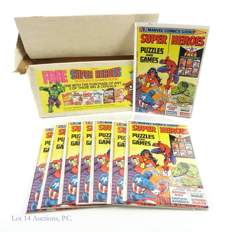 1979 Marvel Comics Give Away w/ Display (8): 1979 Marvel Comics Give Away w/ Display (8). 1979 General Mills display box with (8) eight Marvel Super Heroes Puzzles and Games comic sized books included. Comics / Puzzle books appear to be in well