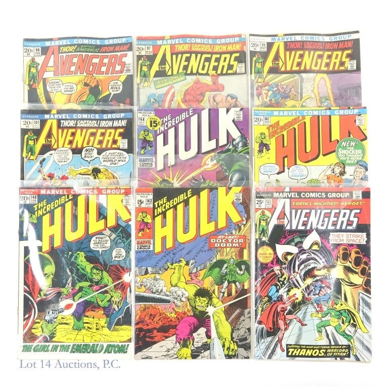 Avengers & Hulk Comics, Key Issues, MARVEL (9): Avengers & Hulk Comics, Key Issues, MARVEL (9). Collection of 9 The Avengers and The Incredible Hulk comic books from the Bronze Age at Marvel publishing including some Key Issues. Some Key Issues inc