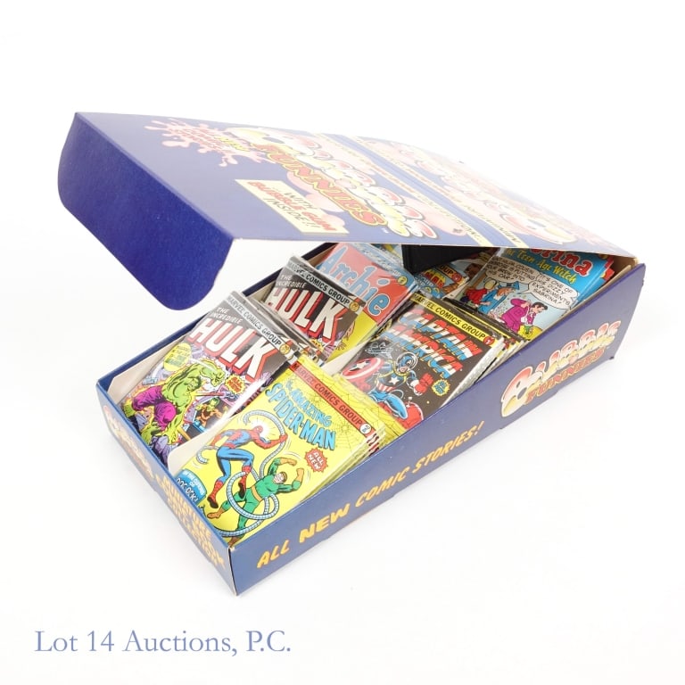 1981 MARVEL Bubble Funnies Display, NIB: 1981 MARVEL Bubble Funnies Display, NIB. A new and unopened 1981 Bubble Funnies display with 48 miniature Marvel and Archie comic books from Amurol products. Item shows some shelf wear. See photos for