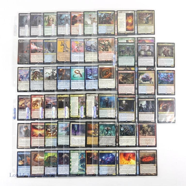 Magic The Gathering Cards, All Mythic & Rare (135): Magic The Gathering Cards, All Mythic and Rare (135 Cards Total). Features (15) pages of cards that are exclusively Mythic (orange-red / bronze) & Rare (gold). Also features some Legendary Creatures.