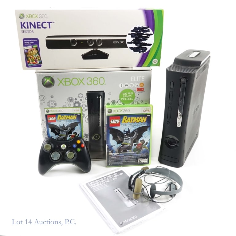 Xbox 360 Elite Console, Kinect Sensor, Games: Xbox 360 Elite console 120GB, power adapter, AV cable, (1) original controller, headset, ethernet cable, manuals, Lego Batman and Pure games in original bundle box; XBox 360 Kinect sensor, power adapt