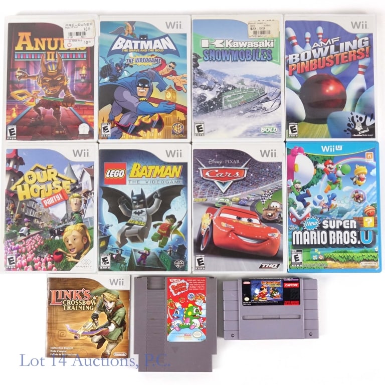 Nintendo Games Wii, Wii U, NES, SNES (10): Seven (7) Nintendo Wii games - Anubis II, Batman The Brave And The Bold, Kawasaki Snowmobiles, AMF Bowling Pinbusters, Cars, Lego Batman and Our House Party; Wii U Super Mario Bros U; NES Bubble Bobbl