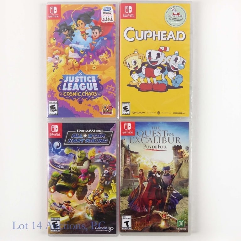 Nintendo Switch Video Games - Sealed (4): Four (4) sealed Nintendo Switch video games: DC Justice League Cosmic Chaos (Outright Games) *** Cuphead (MDHR) *** DreamWorks All*Star Kart Racing (Game Mill) *** The Quest for Excalibur (Microids).