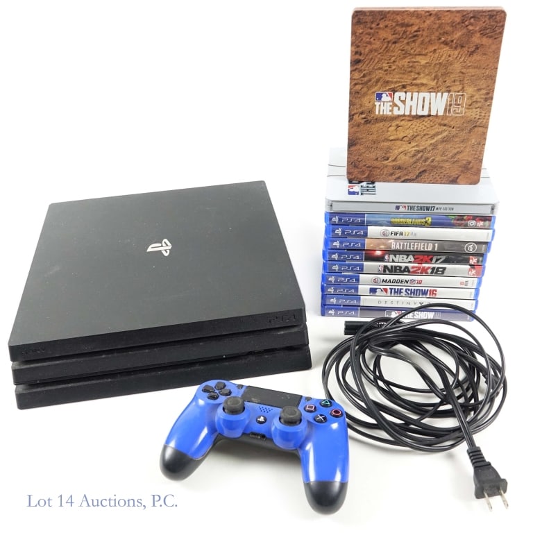 PlayStation 4 PS4 Pro 1TB Console & Games (11): Sony PlayStation 4 PS4 Pro 1TB console, power cord, (1) original blue wireless controller with micro USB cable. Tested and working per consigner. (11) games in original cases - Destiny 2, Borderlands 