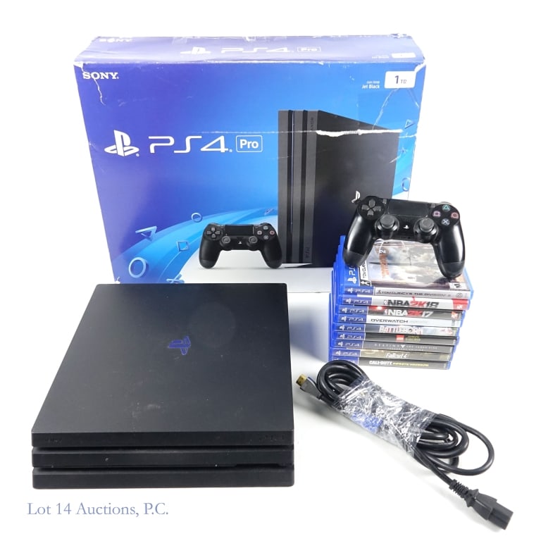 PlayStation 4 PS4 Pro 1TB Console & Games (9): Sony PlayStation 4 PS4 Pro 1TB console, (1) original controller, power cord, HDMI cable in original box. Tested and working per consigner. (9) games in original cases - NBA 2K17, NBA 2K18, Tom Clancy'