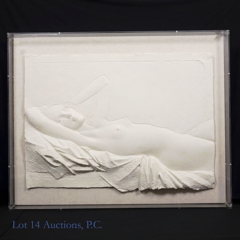 Frank Gallo "Reclining Nude": LOCAL PICKUP OR THIRD PARTY SHIPPING ONLY Large paper cast piece by famous American artist Frank Gallo (1933-2019) depicting a woman's nude body lying down. It is in good condition, mounted on a canva