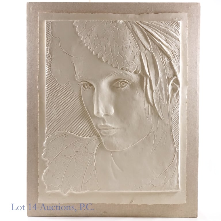 Frank Gallo Cast Paper Relief: LOCAL PICKUP OR THIRD PARTY SHIPPING ONLY Large paper cast piece by famous American artist Frank Gallo (1933-2019) depicting a woman's face and shoulders. There is a dent in the upper left edge, but o