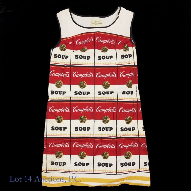 Andy Warhol "The Souper" Paper Dress Vtg Original: Andy Warhol Campbell's Soup "The Souper" paper dress, ca. 1966, 37" in length. There seems to be some discoloration from age, and the fold marks are apparent, but other than that it appears to be in g