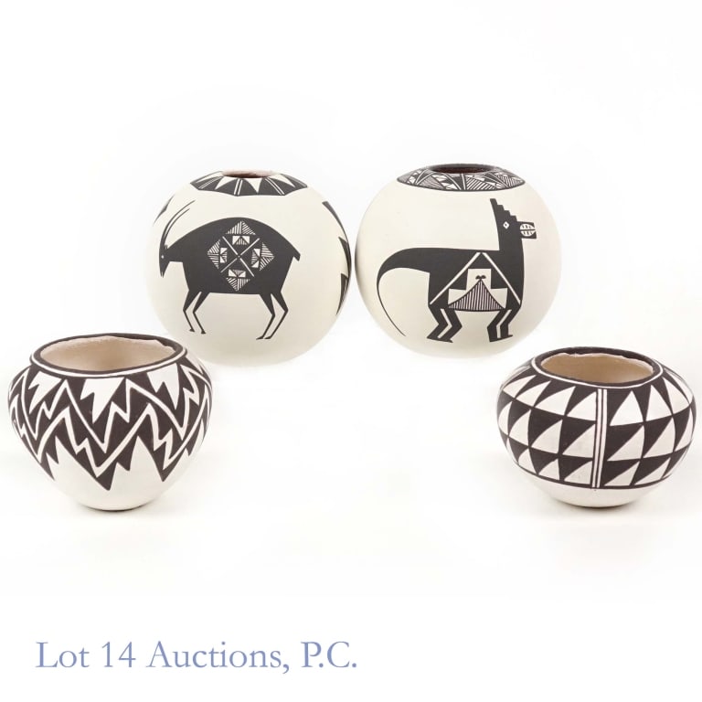 Acoma Pottery Charmae Shields, Mary Ann Hampton: Four (4) pieces of Acoma pottery miniatures - two (2) seed pots by Charmae Shields approximately 3" x 3", two (2) bowls by Mary Ann Hampton approximately 2.75" x 2.25" and 3" x 2".