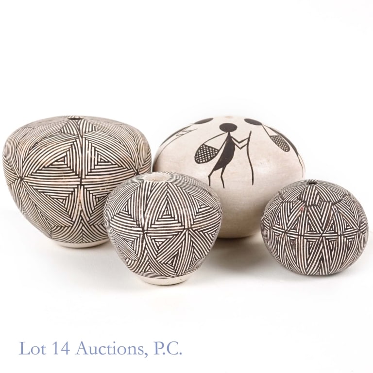 Acoma Pottery Seed Pots Leno, C. Chino, Rose Chino (4): Four (4) pieces - Acoma seed pots - one (1) by Rose Chino approximately 3.5" x 2.5", two (2) by C. Chino approximately 3.25" x 2.75" and 2.25" x 2.25", and one (1) by Leno approximately 2.25" x 2".