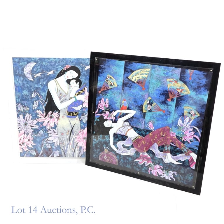 Large Gouache Paintings (2) - Jun Fu: Two (2) large gouache paintings on Chinese paper signed Jun Fu. One is titled "Mother and Child 2". It has a tear in the center of the left edge, as well as some other small tears on the very edges, b