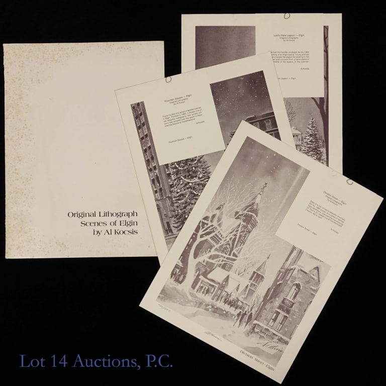 Al Kocsis Elgin Lithographs Partial Portfolio: Folder of three lithographic prints of drawings by Al Kocsis. Folder has some damage and stains but prints look to be in fairly good conditions. Each print is approximately 17 x 13". Each one has a no