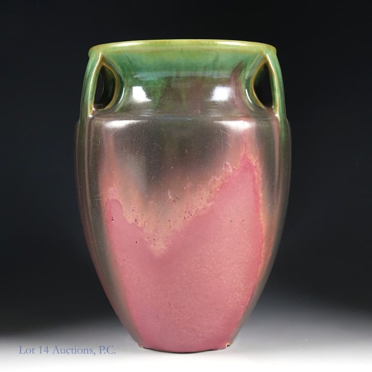 Fulper Art Pottery Vase: Fulper Art Pottery Vase with red and green glaze. Three handled amphora style, signed on the bottom, approximately 6.75" tall. A couple of scratches but otherwise very good condition.